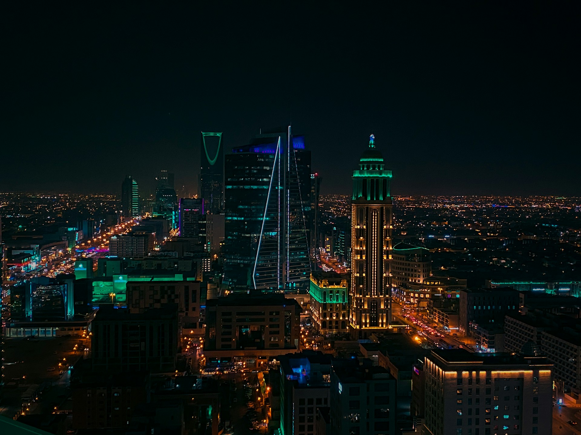 Riyadh commercial district illuminated at night